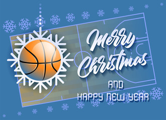 Wall Mural - Merry Christmas and Happy New Year. Sports card with a Basketball ball as a Snowflake and a Basketball Court. Vector illustration.