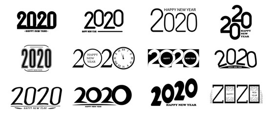 Wall Mural - Set of 2020 happy new year signs. Collection of 2020 happy new year symbols. Vector illustration with black holiday labels isolated on white background