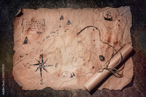 Fotomural old map on stone, table of pirate, map of treasures,