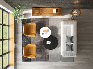 Wall Mural - Interior of modern living room top view 3D rendering