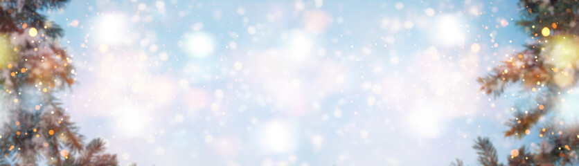 christmas blurred winter background. christmas tree with snow bokeh lights, new year and christmas w