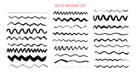 Wall Mural - Wavy Brush ink set. Stroke grunge shape border. Hand drawn black line, modern background