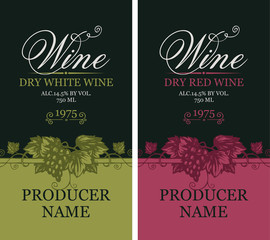 Wall Mural - vector set of two labels for red and white wine with bunches of grapes and calligraphic inscriptions