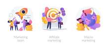Professional Marketers Service, Advertising Business, Worldwide Networking Icons Set. Marketing Team, Affiliate Marketing, Macro Marketing Metaphors. Vector Isolated Concept Metaphor Illustrations