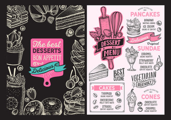 Dessert menu food template for restaurant with doodle hand-drawn graphic.