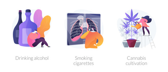 Poster - Booze dependence, nicotine addiction, marijuana growing icons set. Drinking alcohol, smoking cigarettes, cannabis cultivation metaphors. Vector isolated concept metaphor illustrations