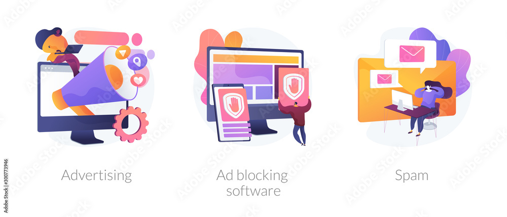 SMM business, annoying online notifications and internet newsletter protection icons set. Advertising, ad blocking software, spam metaphors. Vector isolated concept metaphor illustrations - obrazy, fototapety, plakaty 