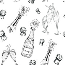 Hand Drawn Ink Set. Seamless Pattern On White Background . Champagne, Corks, 