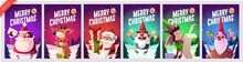 Set Of Merry Christmas And Happy New Year Greeting Cards Design With Christmas Characters. Vector Illustration