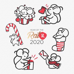 Wall Mural - Vector collection of 2020 Chinese New Year simbol. Mouse, Rat horoscope sign. Set of Cute holiday themed Mice in different situations.