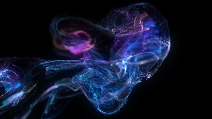 Poster - 4k. Fluid abstract. Slow motion.  Liquid glowing neon particles. Particle cloud. Black backround. 3840x2160