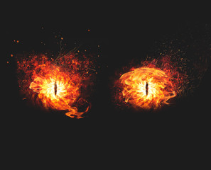 Blazing flames of fire for a demon eyes artwork on dark background