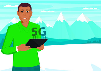 Black African-American farmer with a tablet and 5g Internet on the background of mountains with a blue landscape. Vector illustration.