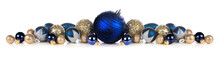 Christmas Border Of Deep Blue And Gold Ornaments. Side View Isolated On A White Background.