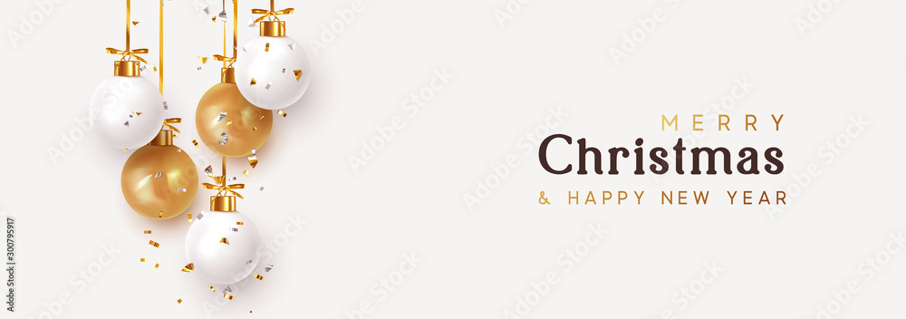Christmas banner. Hanging white and gold Xmas decorative bauble, 3d ...