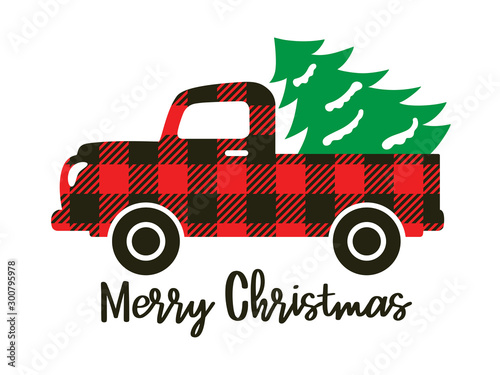 Cuadros en Lienzo Cute truck with red buffalo plaid pattern carrying a Christmas tree vector illustration