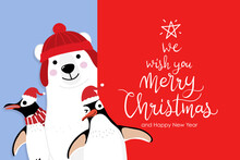 Merry Christmas Greeting Card With Cute Polar Bear And Penguins With Red Scarf. Arctic Animal In Winter Costume Cartoon Character Vector. 