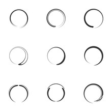 Set Of Round Shapes Icon. Black White Circle Brush Stroke With Different Spiral Element Flat Style, Vector Illustration