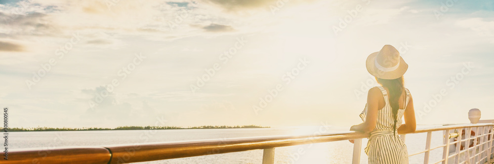 Luxury cruise ship vacation woman elegant tourist woman watching sunset on balcony deck of Europe mediterranean cruising travel destination. Summer vacation cruiseship banner panorama. - obrazy, fototapety, plakaty 