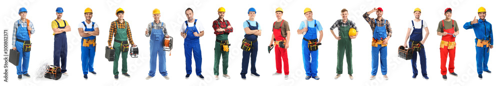 Different male electricians on white background - obrazy, fototapety, plakaty 