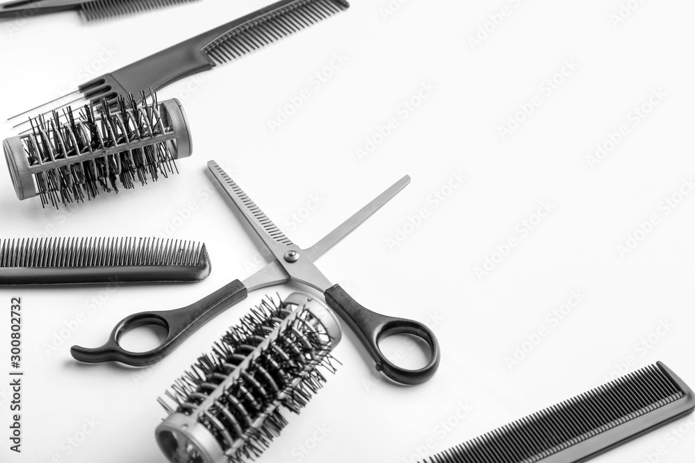 Professional hairdresser's set on white background