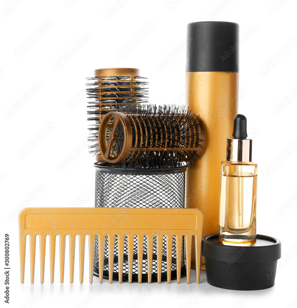 Professional hairdresser's set on white background