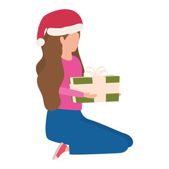 Canvas Print - young woman with christmas hat and giftbox