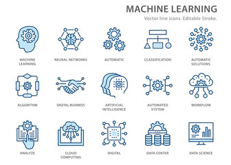 Canvas Print - Machine learning line icons set. Vector illustration. Editable stroke.