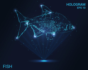 Hologram fish. A holographic projection of the fish. Flickering energy flux of particles. Scientific design animals.