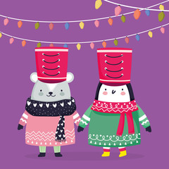 Poster - merry christmas celebration cute penguin and bear with hat and sweater lights