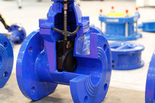 The Valve With A Rubber Wedge Is Presented In A Section. Blue Cast Iron Gate Valve For Industrial Piping Wedge With Rubber Wedge. Throttle With Gearbox. Manual Valve.