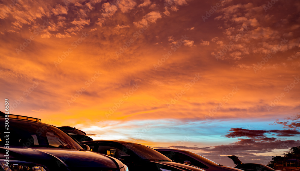 Summer Car Ride Car parked at outdoor car parking lot of campsite with beautiful sunset ...