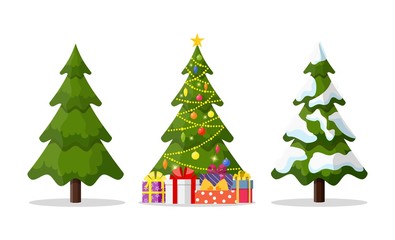 christmas tree in 3 different situations. christmas tree and holiday gifts. fir-tree decorated with 