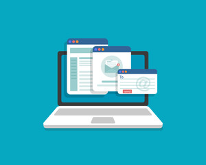 Fototapete - Laptop with envelope and read email on screen. Email marketing, internet advertising concepts