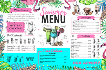  Hand drawing summer menu design with flamingo and tropic leaves. Restaurant menu