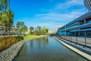 Wall Mural - modern building and empty floor with skyline