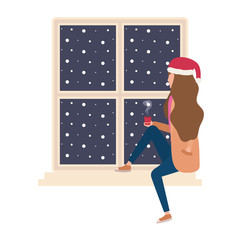 Poster - young woman with christmas hat seated in window