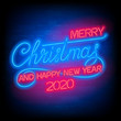 © epifantsev - Merry Christmas and Happy New Year 2020 lettering. Holiday vector glowing neon sign. Xmas card.