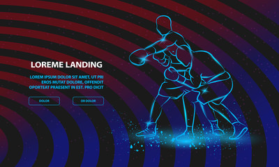 Wall Mural - Boxer has hit and the opponent falls in knockout. Vector Sport Background for Landing Page Template.