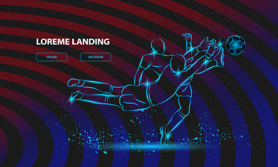 Wall Mural - Soccer player and goalkeeper fighting for the ball. Vector Sport Background for Landing Page Template.