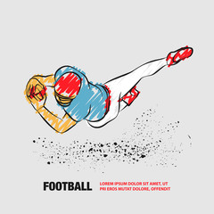 Wall Mural - Football player catch ball in a jump. Vector outline of Football player with scribble doodles.