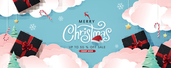 Christmas composition in paper cut style sale banner background.Merry Christmas text Calligraphic Lettering Vector illustration.