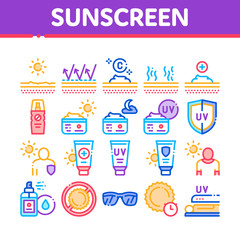 Wall Mural - Sunscreen Collection Elements Icons Set Vector Thin Line. Sun Lotion And Medical Cream, Protection Skin And Human Silhouette, Sunscreen Concept Linear Pictograms. Color Contour Illustrations