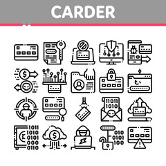 Poster - Carder Hacker Collection Elements Icons Set Vector Thin Line. Carder Silhouette And Smartphone, Bug And Fraud Virus, Laptop And Card Concept Linear Pictograms. Monochrome Contour Illustrations