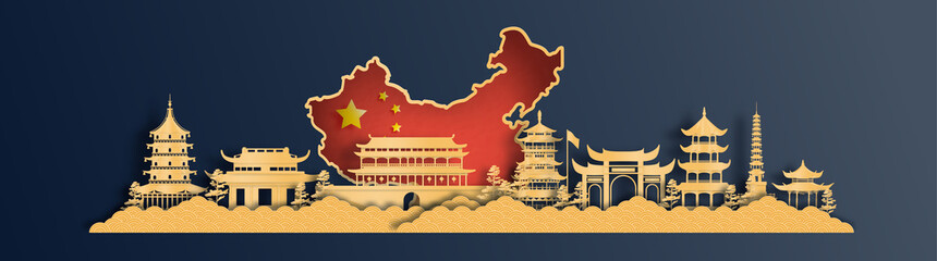 Wall Mural - China map and flag with world famous landmarks in paper cut style vector illustration