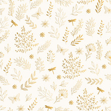 Luxury Golden Pattern With Flowers, Leaves, Dragonfly And Butterfly. 