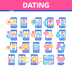 Poster - Dating App Collection Elements Icons Set Vector Thin Line. Smartphone Mobile Dating Love Application Concept Linear Pictograms. Profile Avatar, Like And Broken Heart Color Contour Illustrations