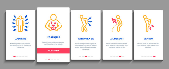 Aufkleber - Body Ache Onboarding Mobile App Page Screen Vector Thin Line. Headache And Toothache, Backache And Arthritis, Stomach And Muscle Ache, Eye And Foot Pain Linear Pictograms. Contour Illustrations