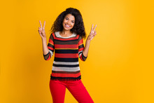 Portrait Of Her She Nice Attractive Lovely Girlish Cheerful Cheery Wavy-haired Girl In Knitted Sweater Showing Double V-sign Isolated On Bright Vivid Shine Vibrant Yellow Color Background