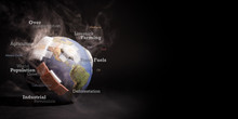 White Smoke Cover Around The Globe (world) With Bandages, Words Showing Causes Of Global Warming - Fossil Fuels, Deforestation, Livestock Farming, Agriculture, Industrial Revolution, Overconsumption.